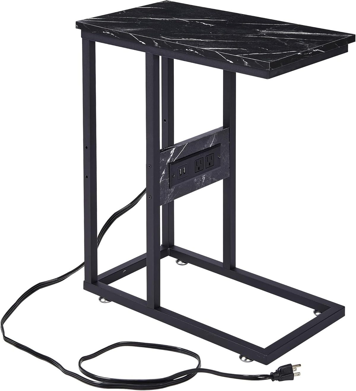 VECELO C Shaped End Side Table with Charging Station & Power Outlets for Couch Sofa/Bed Snack TV Tray with Metal Frame for Living Room Bedroom 1 Set, Black Marble