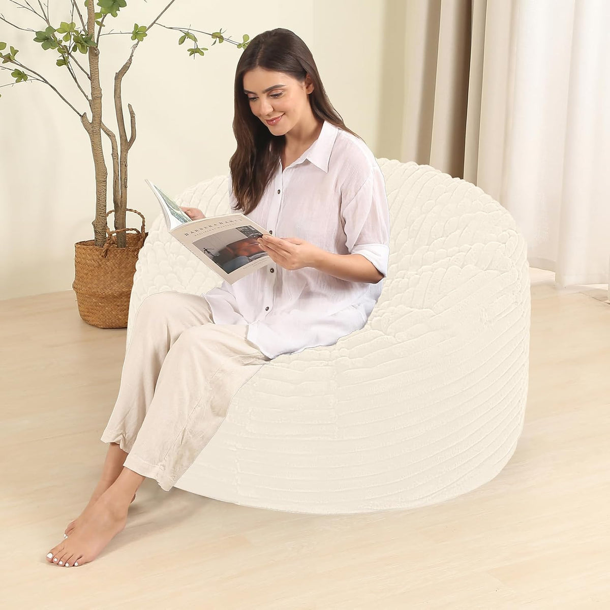 Memory Foam Bean Bag Chair for Adults/Teens, Bean Bag Sofa with Fluffy Removable Cover, for Living Room Bedroom, 3FT White