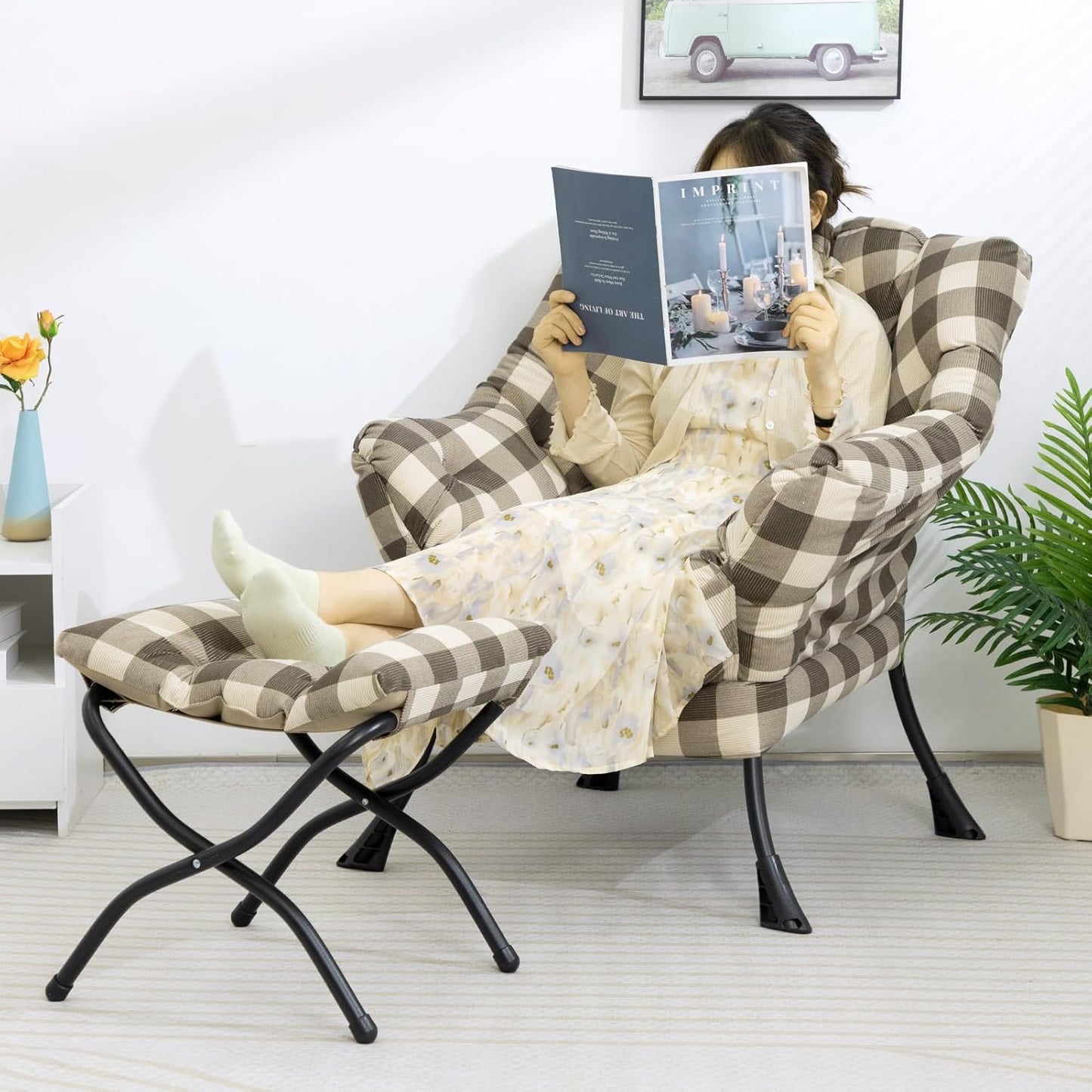 HollyHOME Fabric Lazy Chair with Foldable Ottoman, Accent Lounge Arm Chair and Folding Footrest Stool Set, Leisure Sofa Reading Chair and Footstool for Living Room, Bedroom, Dorm, Beige&Coffee Grid