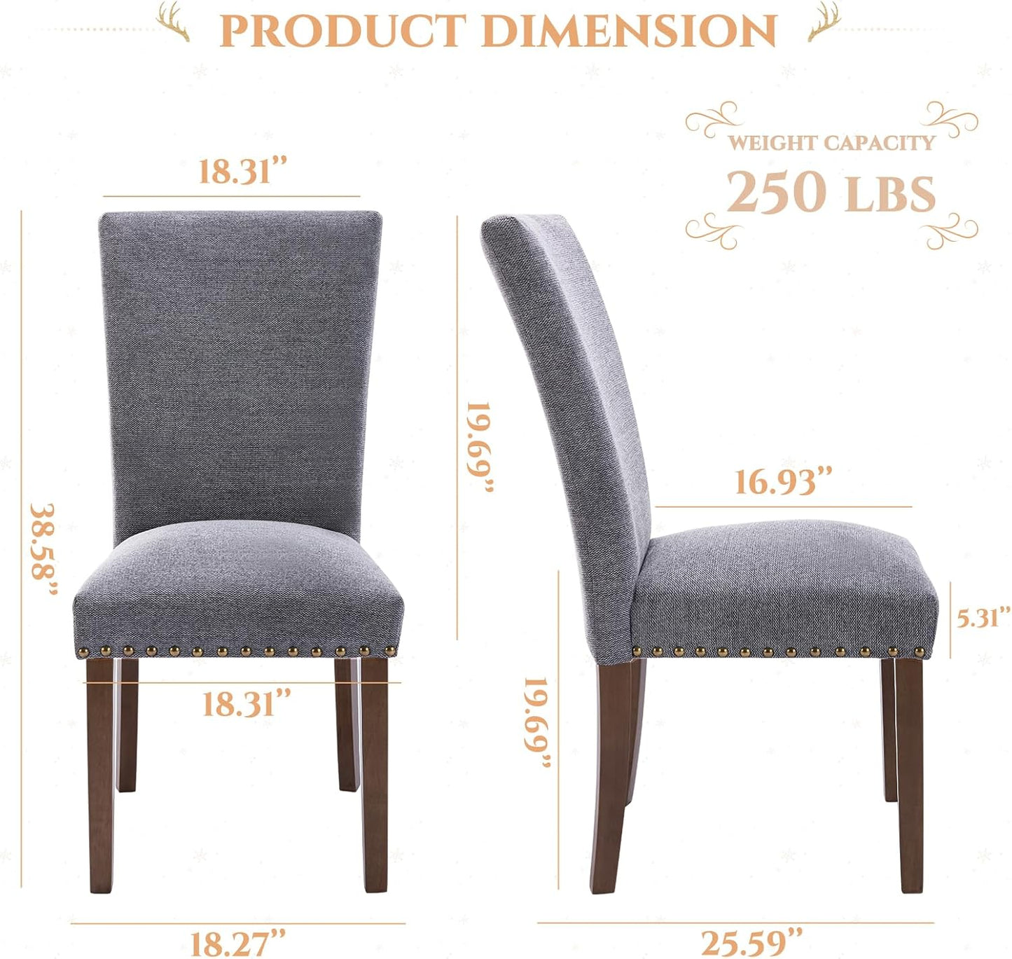Parsons Dining Chairs Set of 4, Upholstered Nailhead Dining Room Kitchen Side Chair with Thick Cushions and Wood Legs, Dark Grey