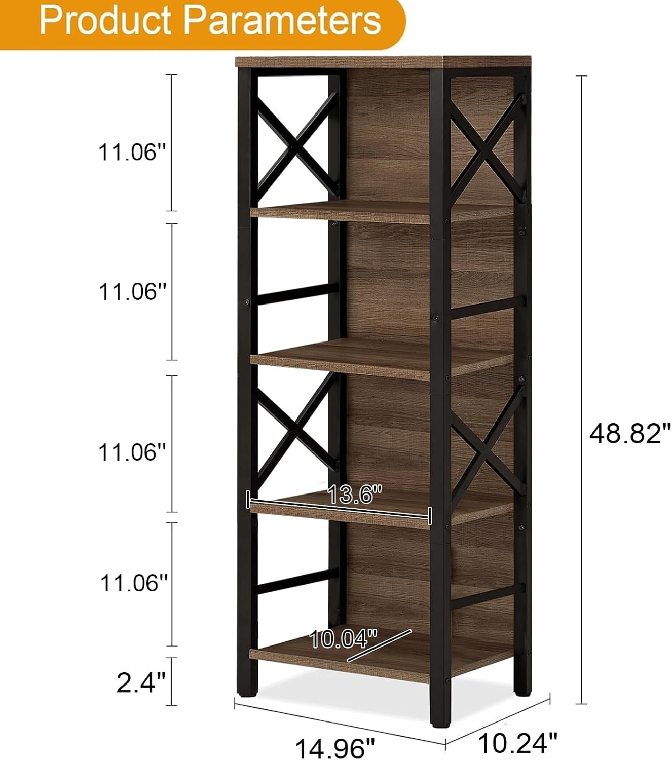 Small Bookshelf,5 Tier Industrial Bookshelf with Metal Frame and Backboard,Narrow Rustic Brown Book Shelf,Book case for Small Spaces,Living Room,Bedroom and Home Office