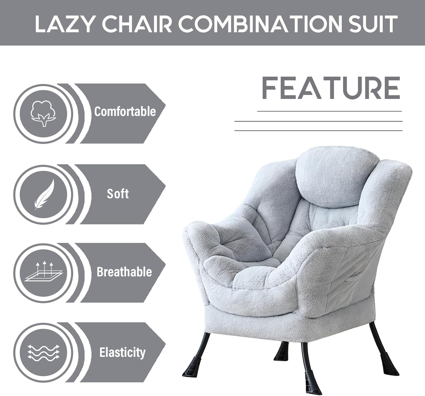 LITA Lazy Chair with Ottoman, Modern Accent Leisure Upholstered Sofa, Contemporary Lounge Reading Chair with Armrests and a Side Pocket for Living Room, Bedroom & Small Space, Single Plush Grey