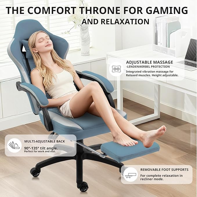 Dowinx Gaming Chair Breathable Fabric Game Chair with Gel Pad and Storage Bag, Comfortable Gamer Chair with Pocket Spring Cushion,Ergonomic Computer Chair with Footrest,Blue