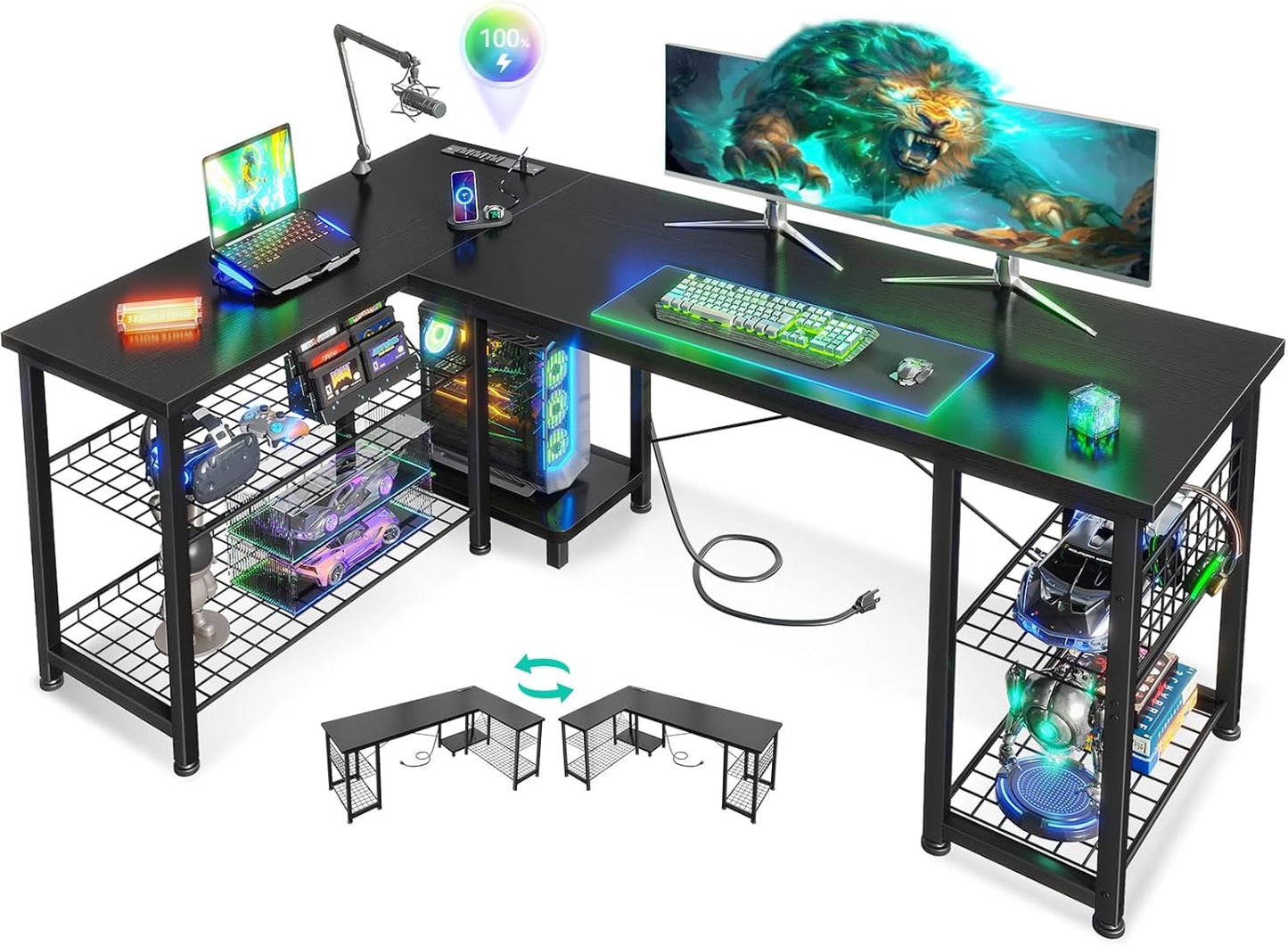 Casaottima 51 Inch L Shaped Gaming Desk with Shelves & Power Outlets, Reversible Computer Desk with Storage Shelves for Home Office, Black