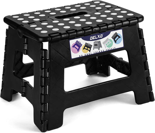Delxo 9 Inch Folding Step Stool, Black Step Stools Foldable,Portable Collapsible Step Stool with Handle, Folding Stool for Kitchen Bathroom,Bedroom,Garden