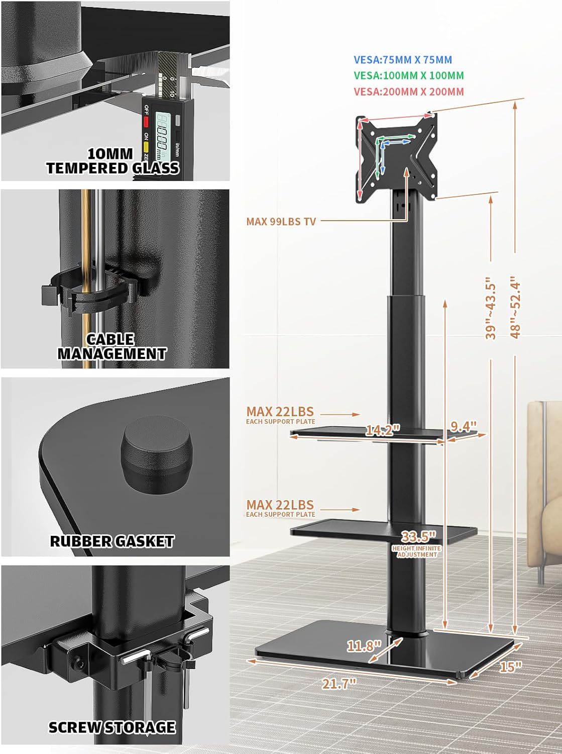 Universal Floor TV Stand with Mount for 19 to 43 inch Flat Screen TV, 100 Degree Swivel,Adjustable Height and Tilt Function, 3 Shelves Space Saving Standing TV Mount for Bedroom Living Room Corner