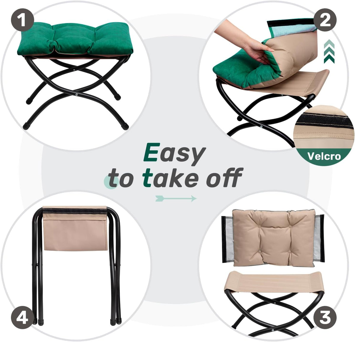 HollyHOME 15"(H) Folding Footrest Stool, Upholstered Small Foldable Ottoman, Accent Padded Sofa Foot Stool for Lazy Chair, Metal Frame Portable Foot Rest Ottoman for Home, Living Room, Bedroom, Green