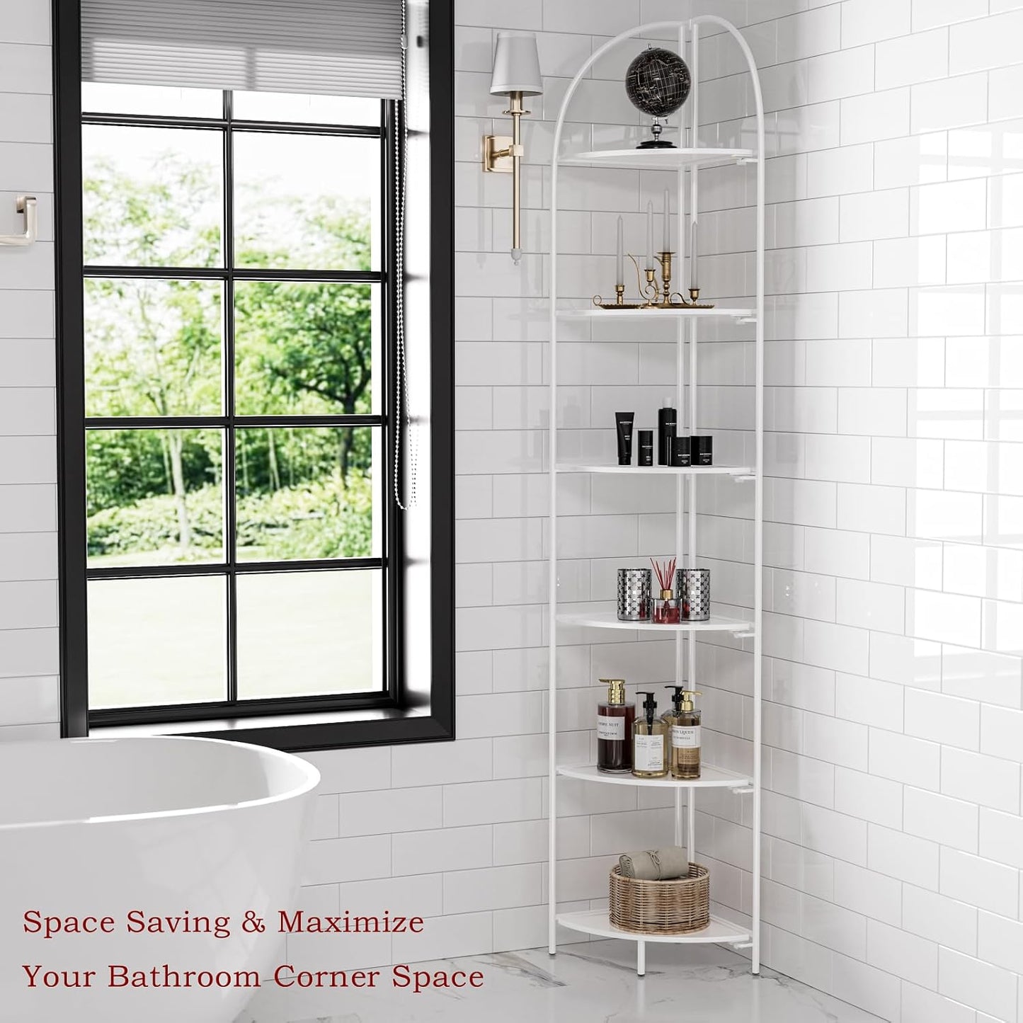 Crofy Foldable 6 Tier Corner Shelf, Metal Corner Plant Stand with White Frame and White Shelves, Corner Display Rack Multipurpose Shelving Unit for Living Room, Bedroom, Bathroom