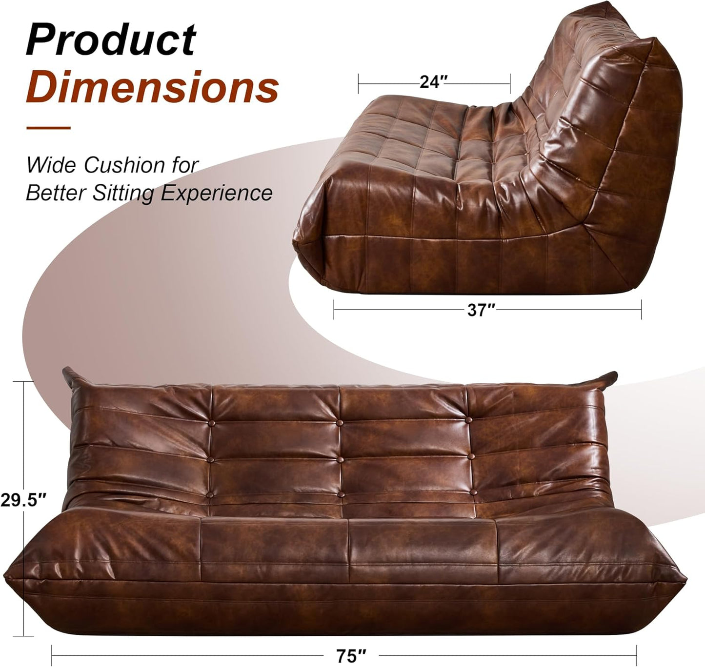 Hobestluk Bean Bag Chair Giant Bean Bag Sofa 3 Seater Bean Bag Chairs for Adults, Loveseat Floor Chair, Leather Bean Bag Chairs for Living Room Bedroom Office (Brown, 3-Seater)