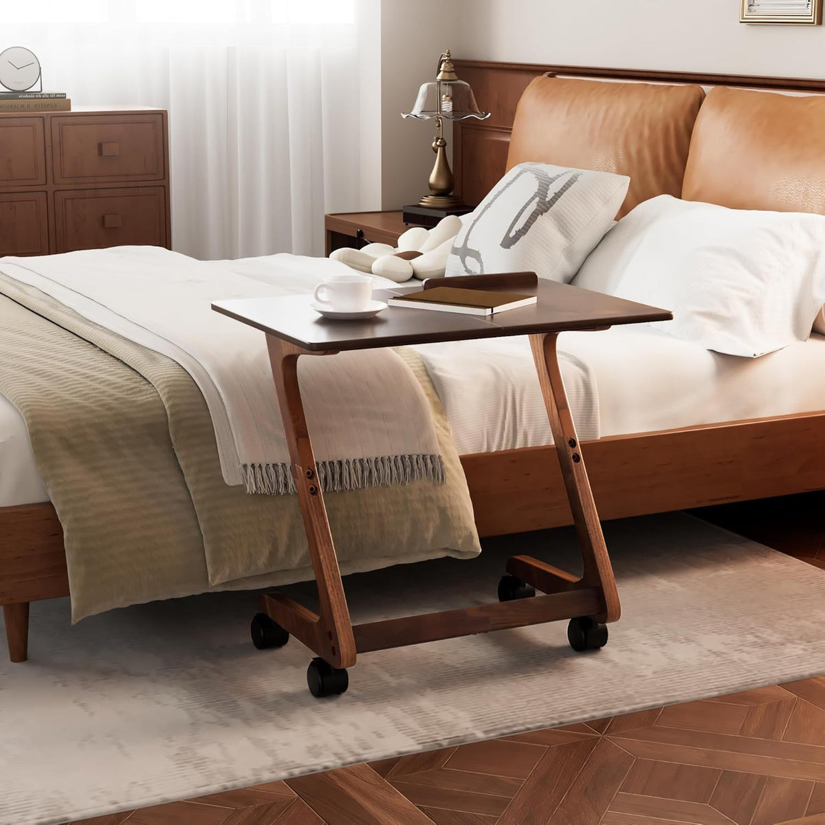 TV Tray Table with Casters, Solid Rubberwood End Tables, Sofa Side Table Couch Table Laptop Desk Removable Snack Tray for Coffee Bed Sofa Eating Writing Reading Living Room Bedroom, Dark Walnut
