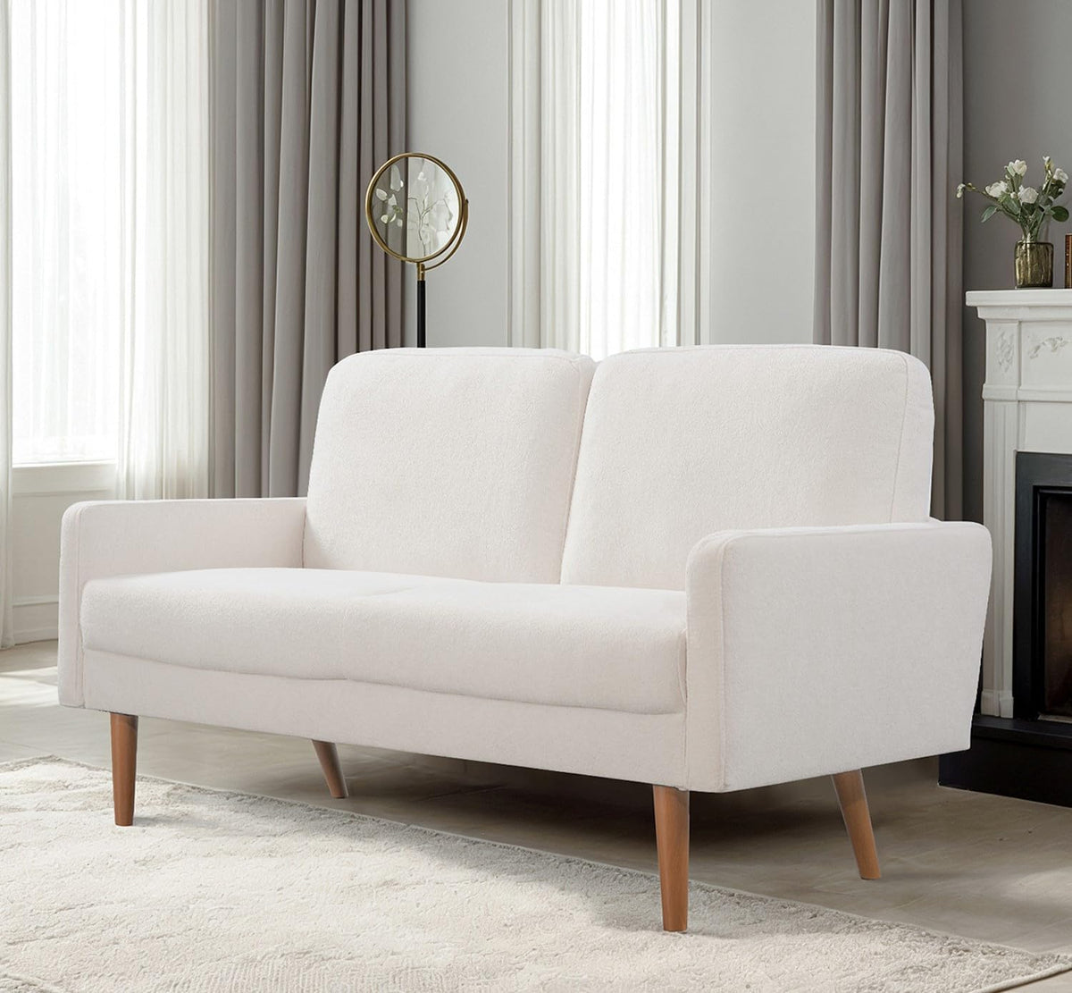 Kent Velvet Loveseat Sofa, European Style with Sleek Design, Modern & Vintage Flair, Upholstered 2 Seater Couch, Chic Living Room Furniture Seating for Home, Apartment or Office, Ivory