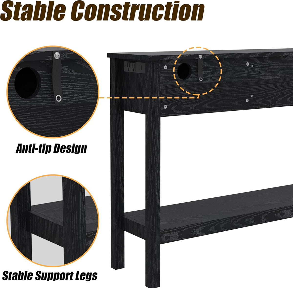 Entryway Table, Boho Console Table with 3 Storage Drawers and Storage Shelf, Sofa Table with Socket, for Entryway, Living Room, Behind Couch and Hallway (Black)