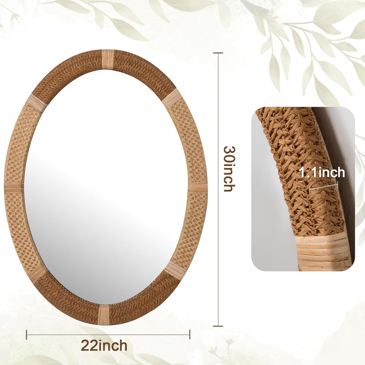 ULIKE Oval Rattan Wall Mirror, 22x30 Inch Rustic Farmhouse Wall Decor with Wicker Frame, Boho Mirror for Nursery Bathroom Bedroom Living Room Entryway