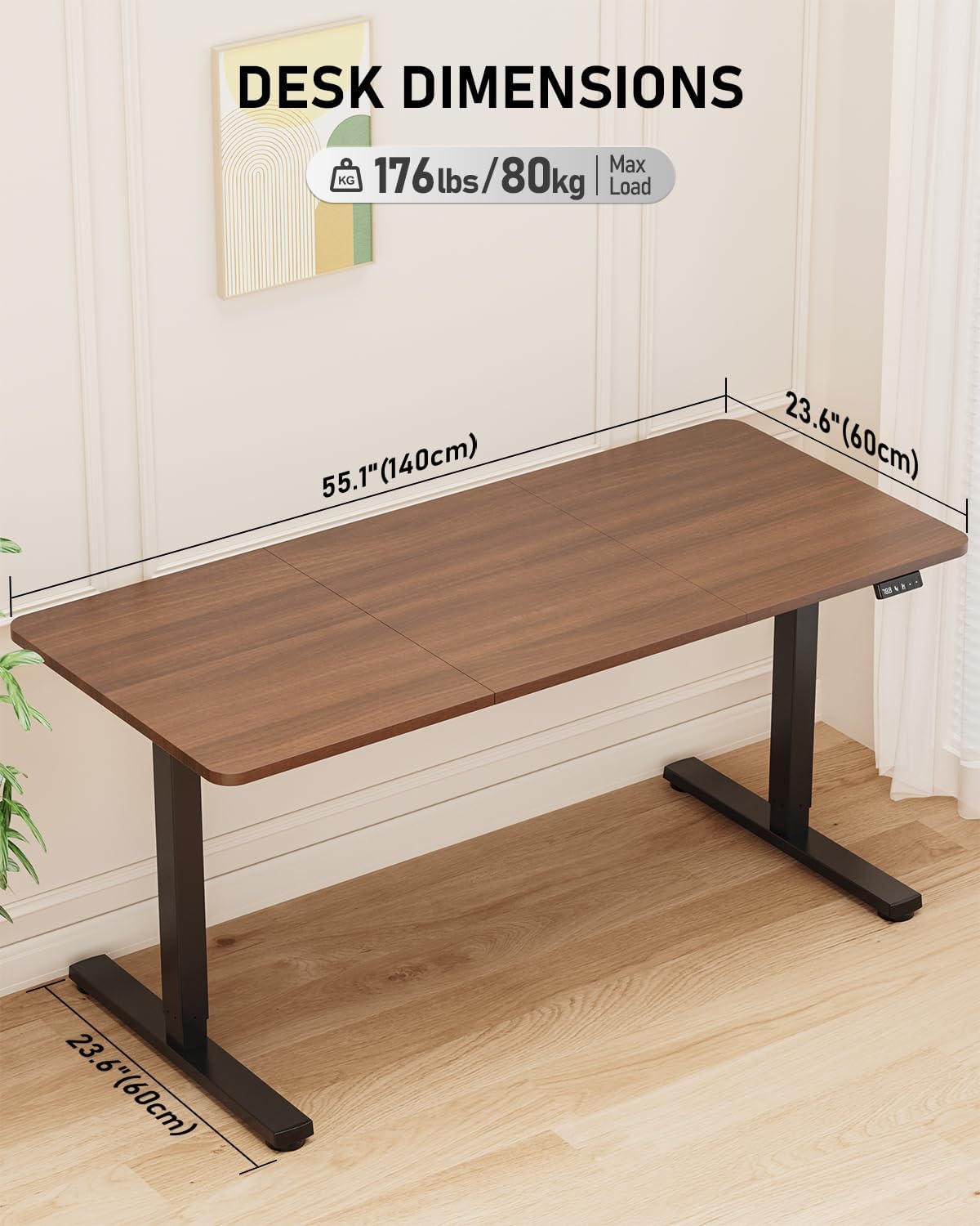 Standing Desk, Large Height Adjustable Electric Stand up Desk, 55 x 24 Inches Sit Stand Home Office Desk, with Splice Board, Black Frame/Walnut Top