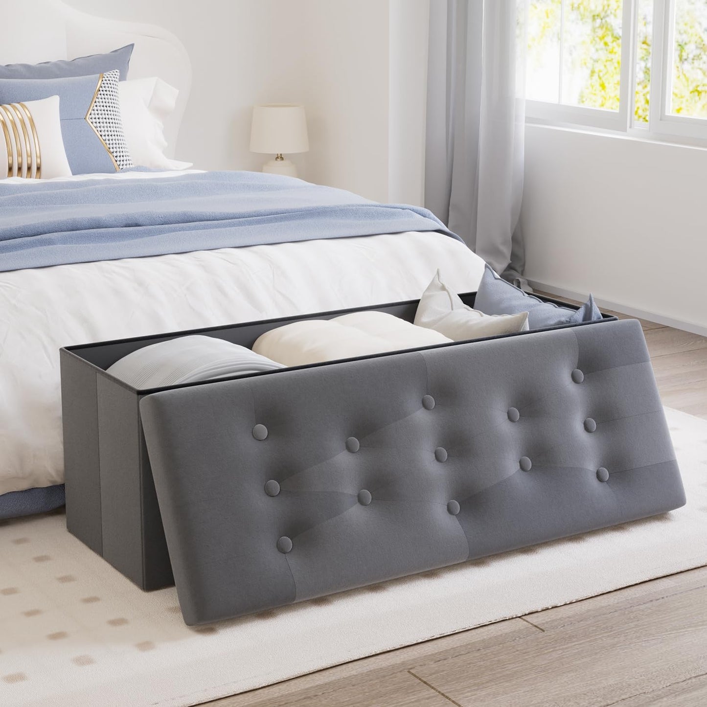 PRANDOM Jumbo Ottoman with Storage [1-Pack] Velvet Folding Small Square Foot Stool with Lid for Living Room Bedroom Coffee Table Dorm Dark Grey 43x15x15 inches