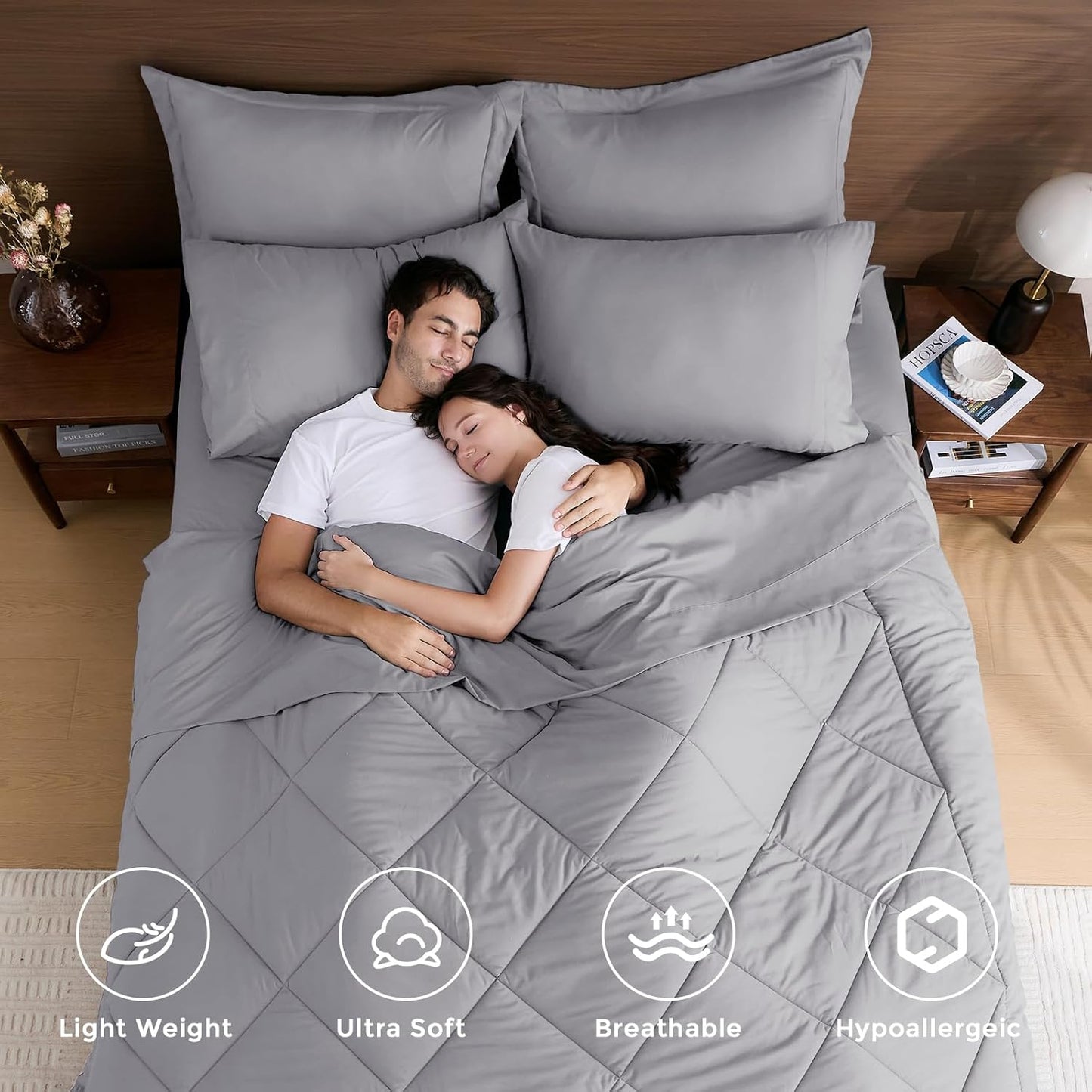 HEVUMYI Light Grey Full Comforter Set - 7-Piece All Season Bed in a Bag Full, Ultra Soft Bedding Set with Comforter, Flat Sheet, Fitted Sheet, Pillowcases, Pillow Shams, Light Gray