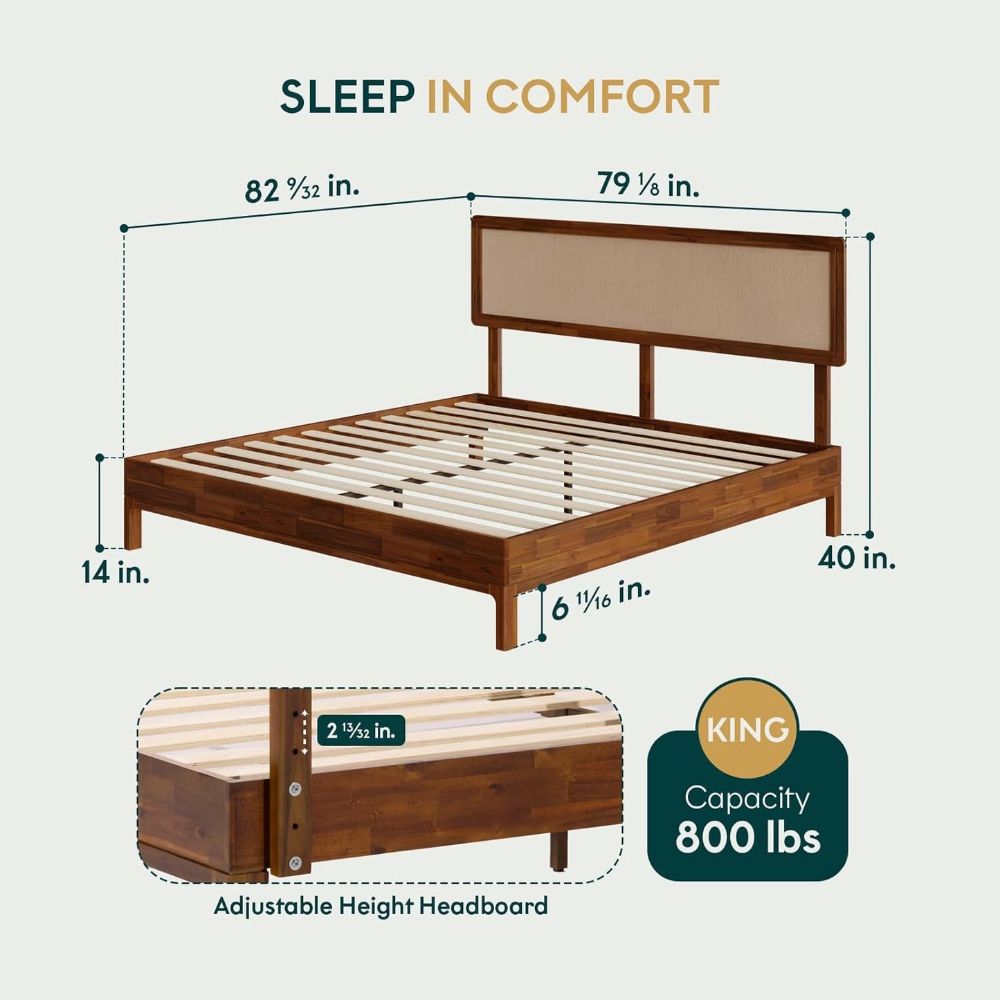 Nipe Platform Bed Frame with Headboard Size King - Dark Chocolate - Solid Acacia