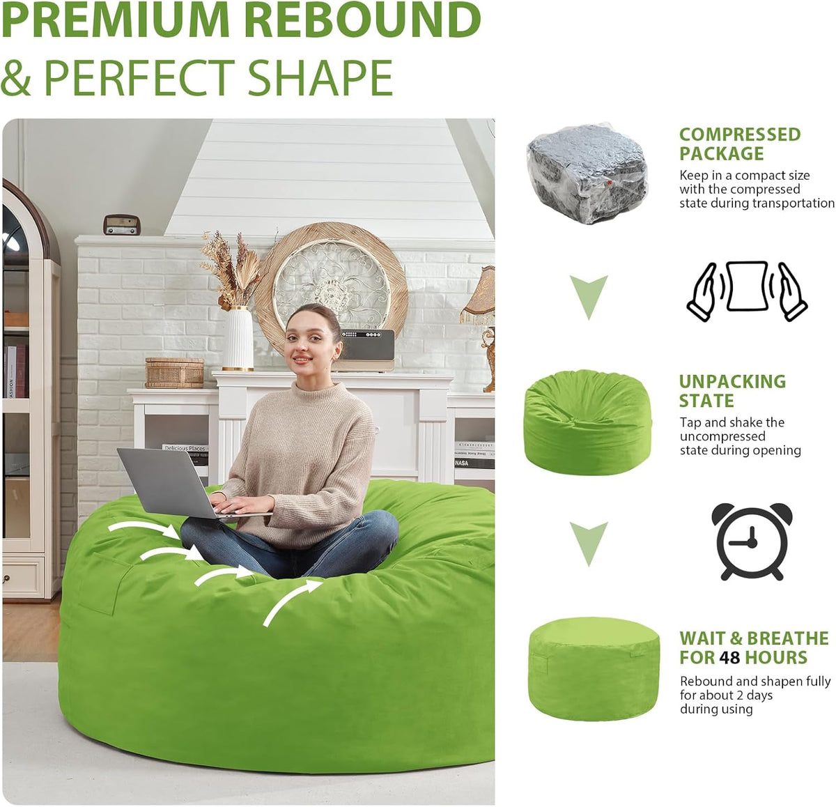 3FT Bean Bag Chair, Comfy Bean Bag Chairs with Memory Foam Filled, Fluffy Beanbag Sofa with Dutch Velvet Cover, Round BeanBag Chairs for Living Room, Playroom - Lime