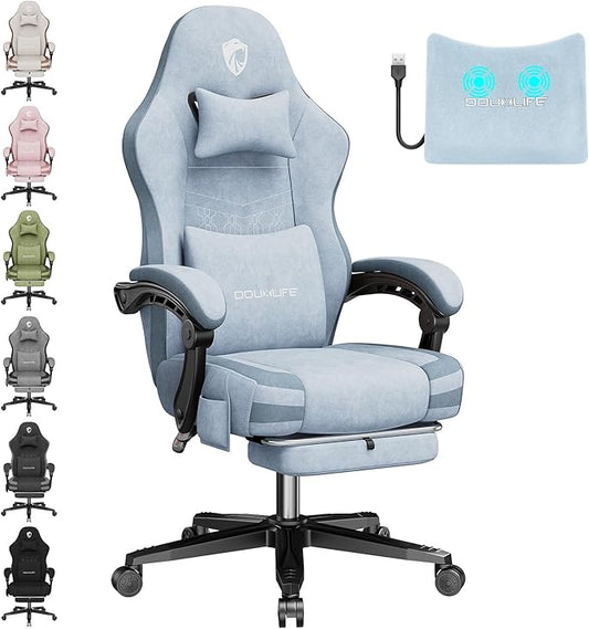 Gaming Chair, Fabric Computer Office Chair with Massage, Ergonomic Chair with Footrest Lumbar Support, Pocket Spring Widened Cushion Metal Legs 350LBS Blue