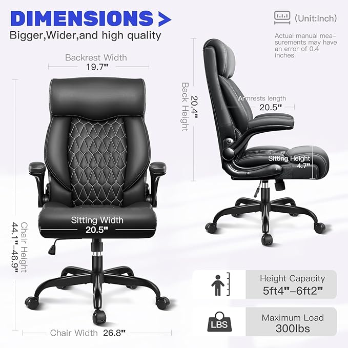 High Back Executive Office Chair - Ergonomic Computer Desk with Rocking Function, Leather Managerial with Adjustable Flip-Up Armrests and Lumbar Support