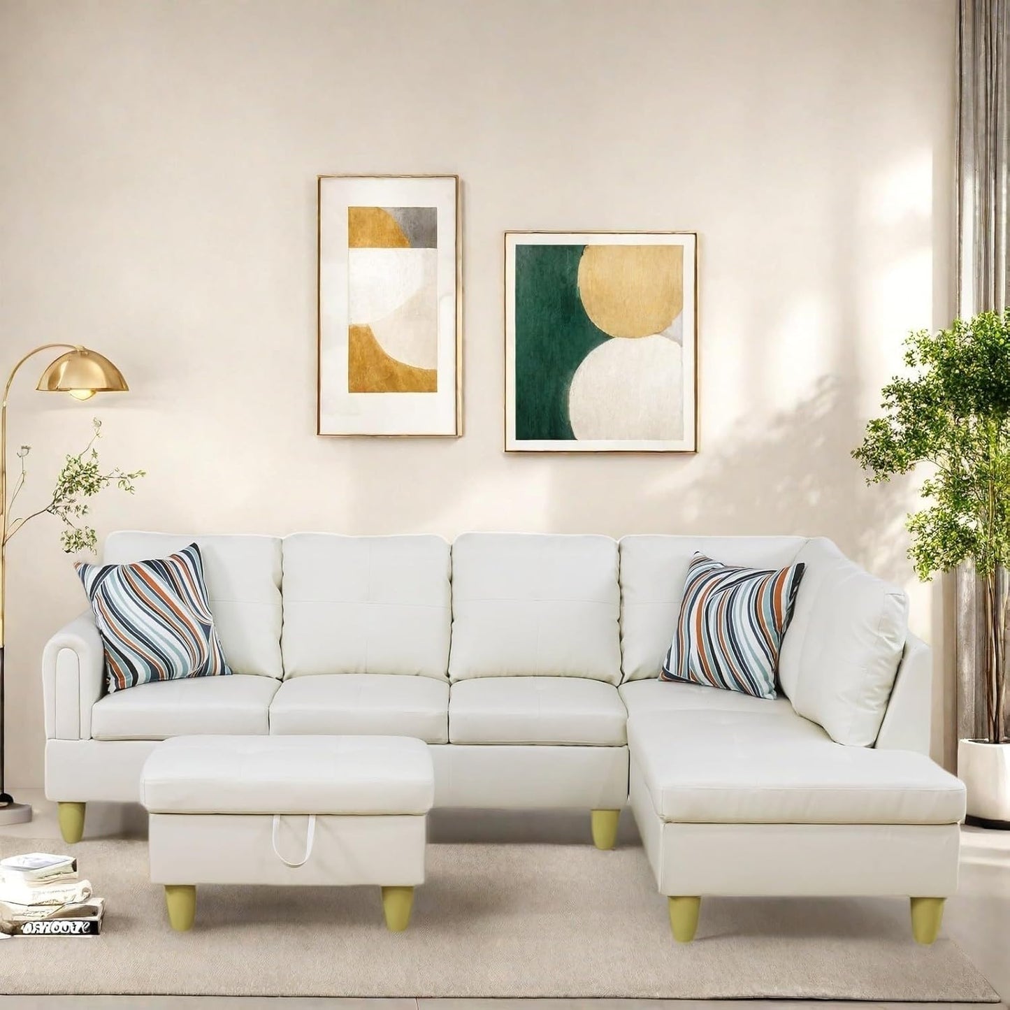 Sectional Couch with Ottoman Storage, L Shaped Sofa Furniture Sets, Modern Modular Comfy Sofa for Living Room Bedroom, White