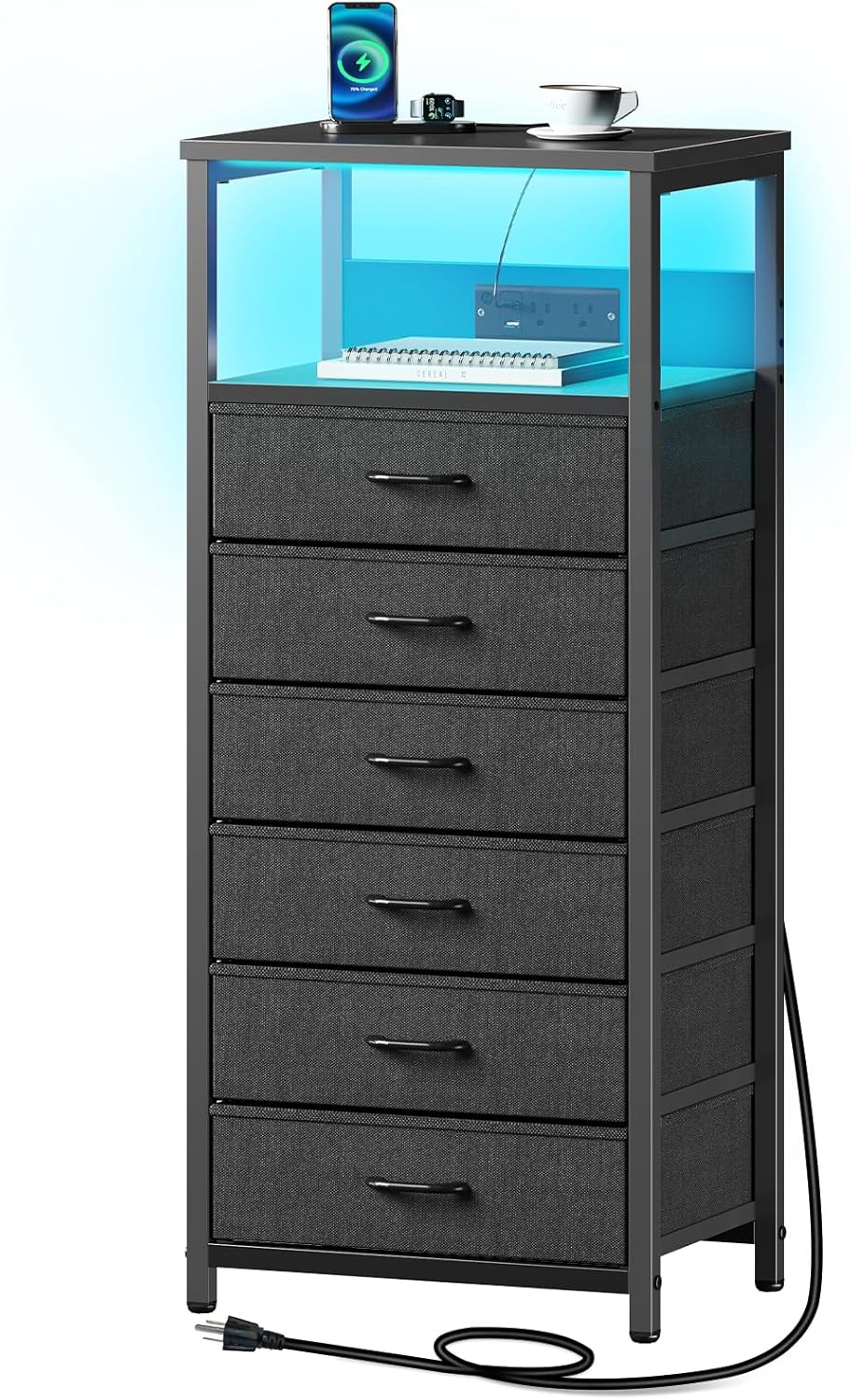 Seventable Night Stand with Charging Station, Tall Nightstand with 6 Fabric Storage Drawers, Side Table with LED Light for Bedroom, Entryway, Black, Set of 2