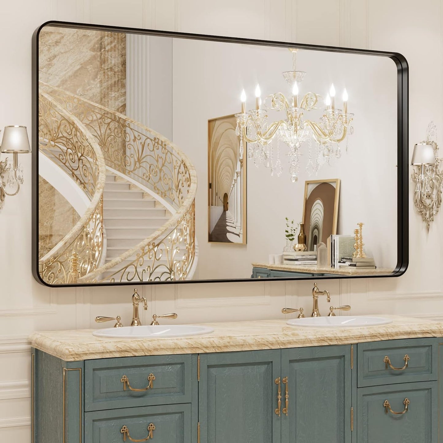 WEER 50X30 Inch Black Metal Framed Bathroom Mirror, Black Bathroom Vanity Mirror Farmhouse, Rounded Rectangular Matte Black Wall Mirrors, Tempered Glass, Anti-Rust (Horizontal/Vertical)