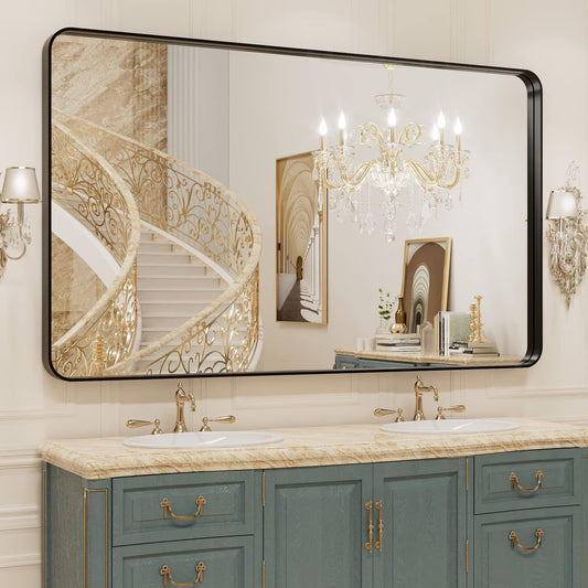 WEER 50X30 Inch Black Metal Framed Bathroom Mirror, Black Bathroom Vanity Mirror Farmhouse, Rounded Rectangular Matte Black Wall Mirrors, Tempered Glass, Anti-Rust (Horizontal/Vertical)
