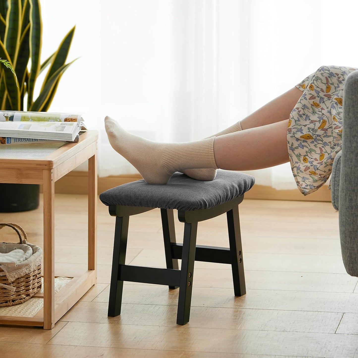 Foot Stool Ottoman Foot Rest Under Desk,Small Stool for Living Room, Bedroom and Kitchen (Black Legs - Gray Stool Surface)