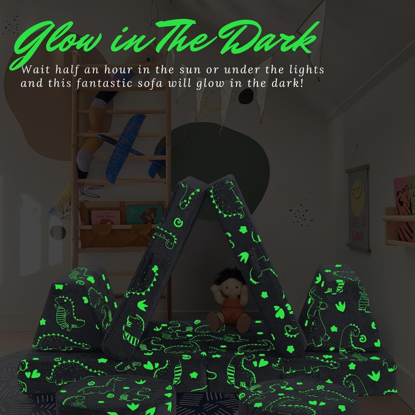 MeMoreCool 8-Piece Kids Modular Play Couch — Glow-in-The-Dark Dinosaur Foam Sofa Set for Toddlers, Convertible Fort Building Furniture with Washable Covers, Playroom Climbing & Creative Play Sofa