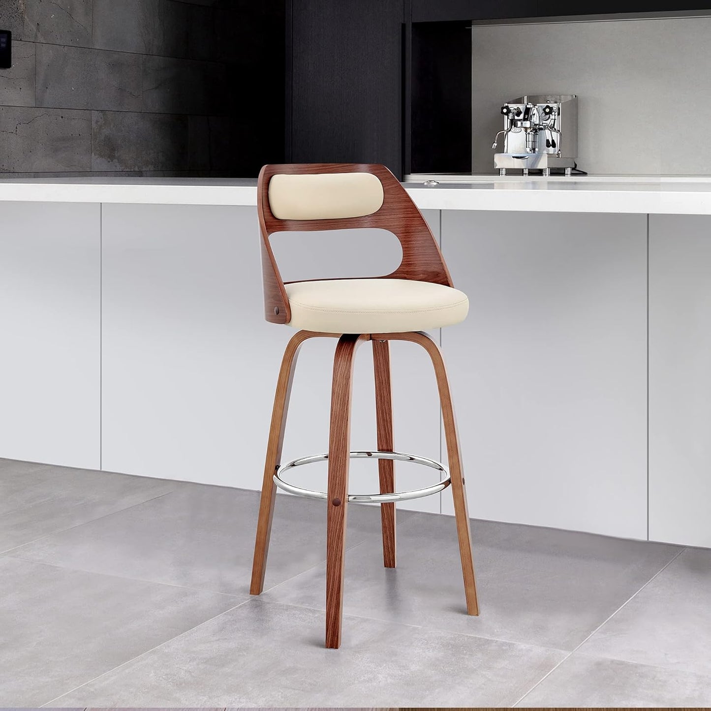 Armen Living Julius Mid Century Modern Swivel Bar Stool for Kitchen Island Counter in Cream Faux Leather and Walnut Wood, 26" Seat Height