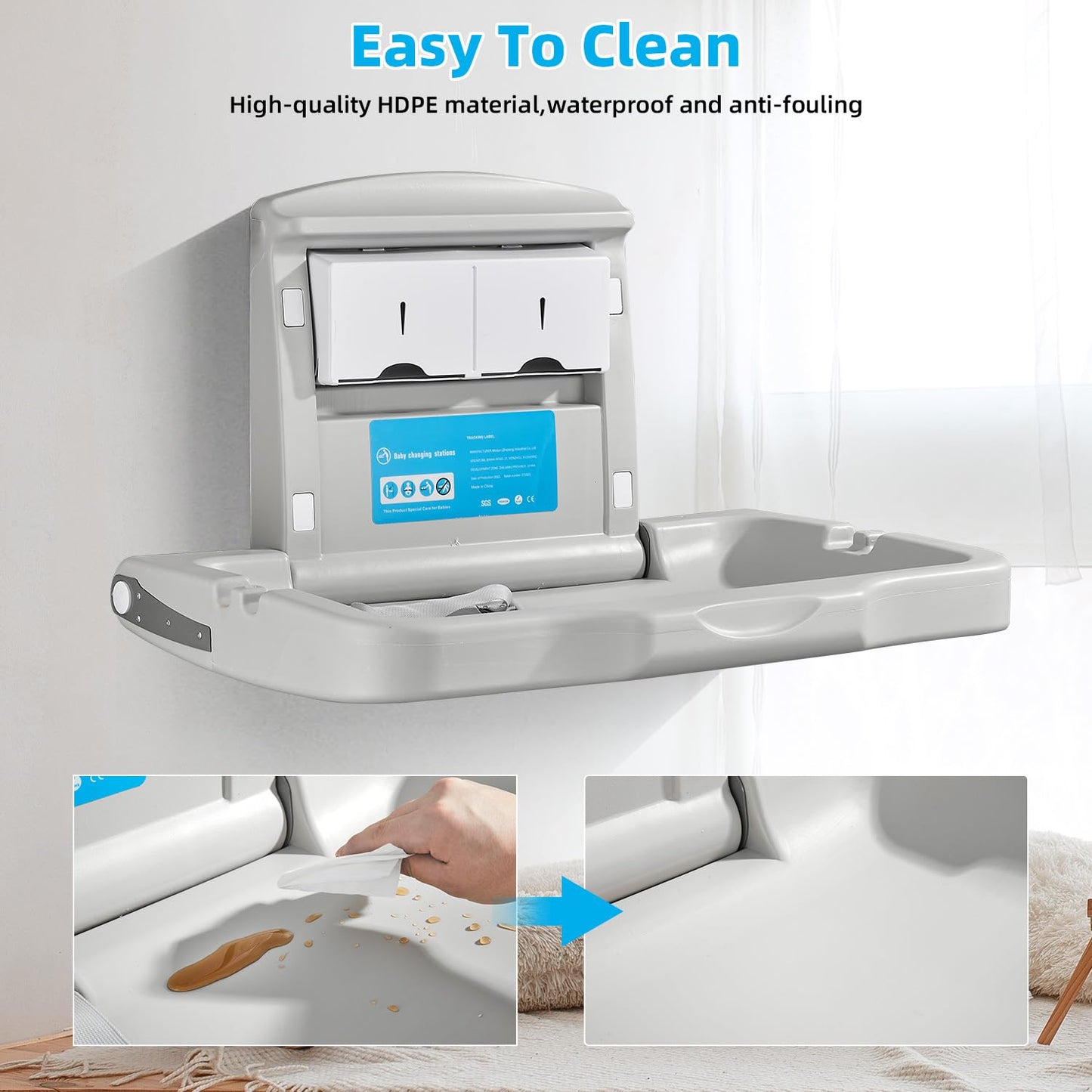 Fold-Down Baby Changing Diaper Station - Horizontal Wall Mounted, Sturdy & Durable with Safety Straps for Commercial Bathrooms(1 White Granite)