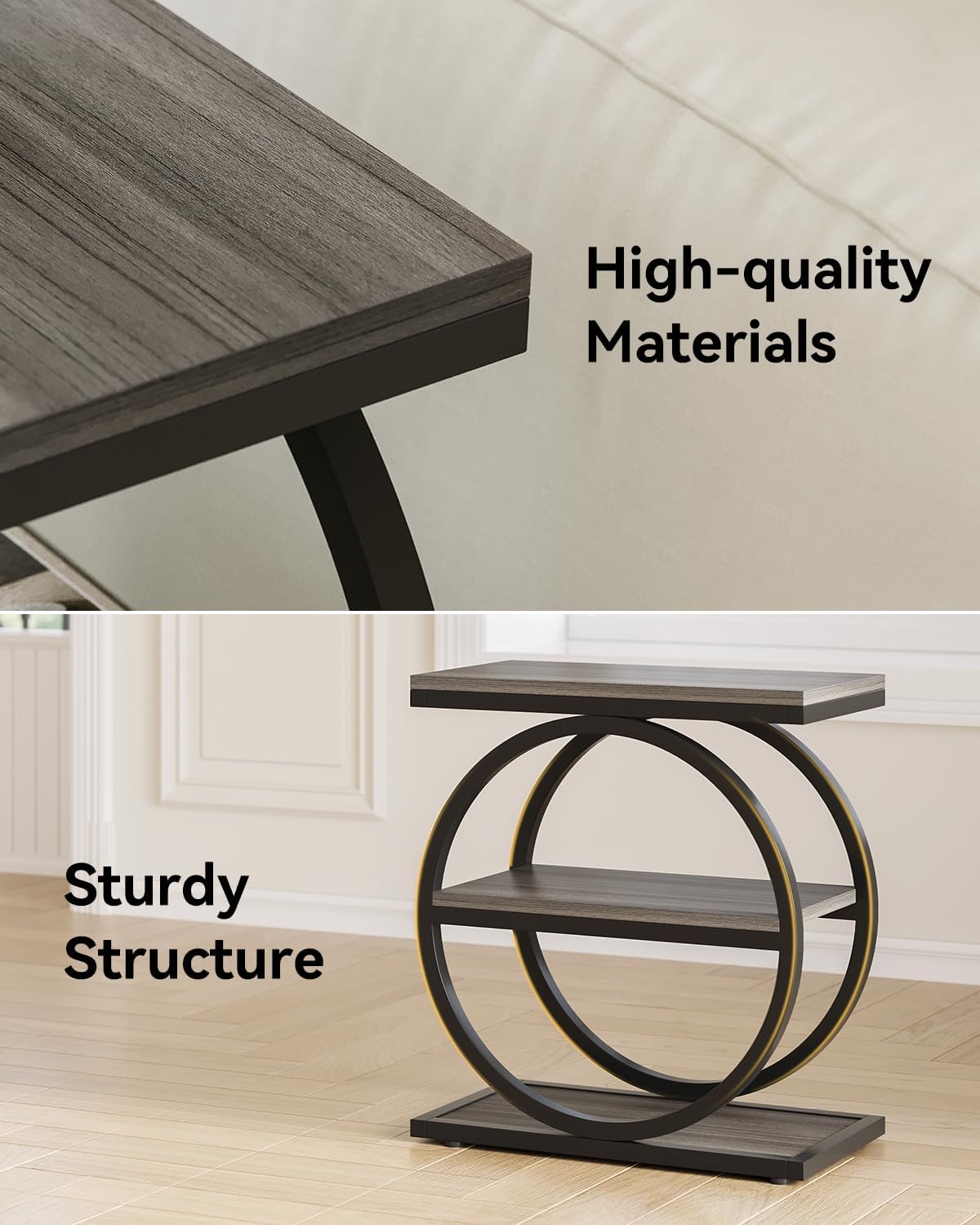 LITTLE TREE End Table, 3-Tier Side Table, Slim Sofa Side Table for Living Room, Tall Bedside Table Nightstand for Bedroom, Grey and Black
