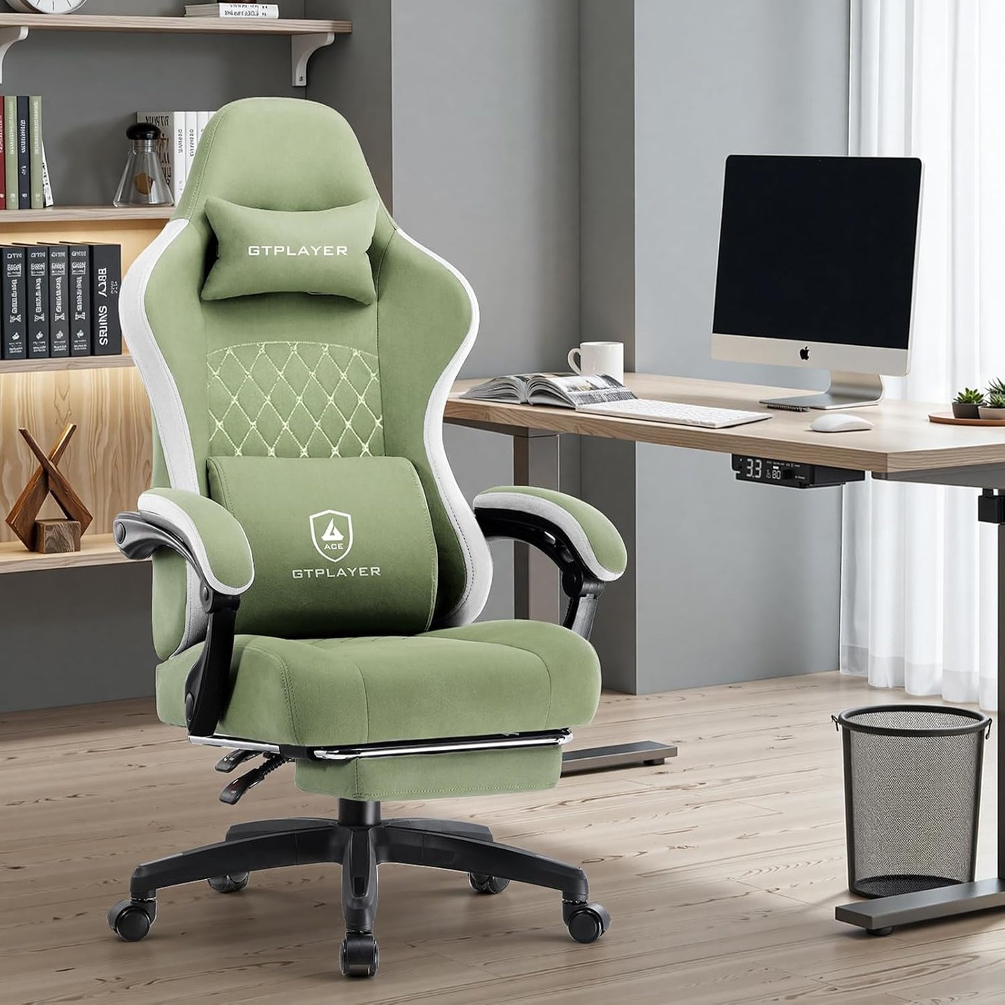 GTPLAYER Office Chair, Gaming Computer Desk Fabric Chair with Footrest, High Back Ergonomic Office Chair with Pocket Spring Lumbar Support and Linkage Armrests Adjustable Height Swivel for Home Task
