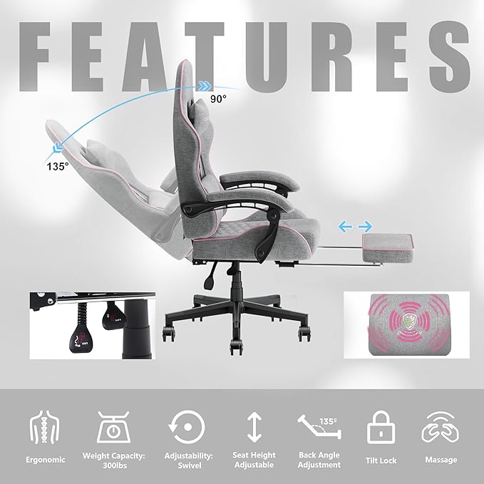 Dowinx Gaming Chair with Pocket Spring Cushion, Computer Office Game Chair, Linkage Armrests and Footrest, High Back Ergonomic Computer Chair with Lumbar Support Task Chair with Footrest(Pink)