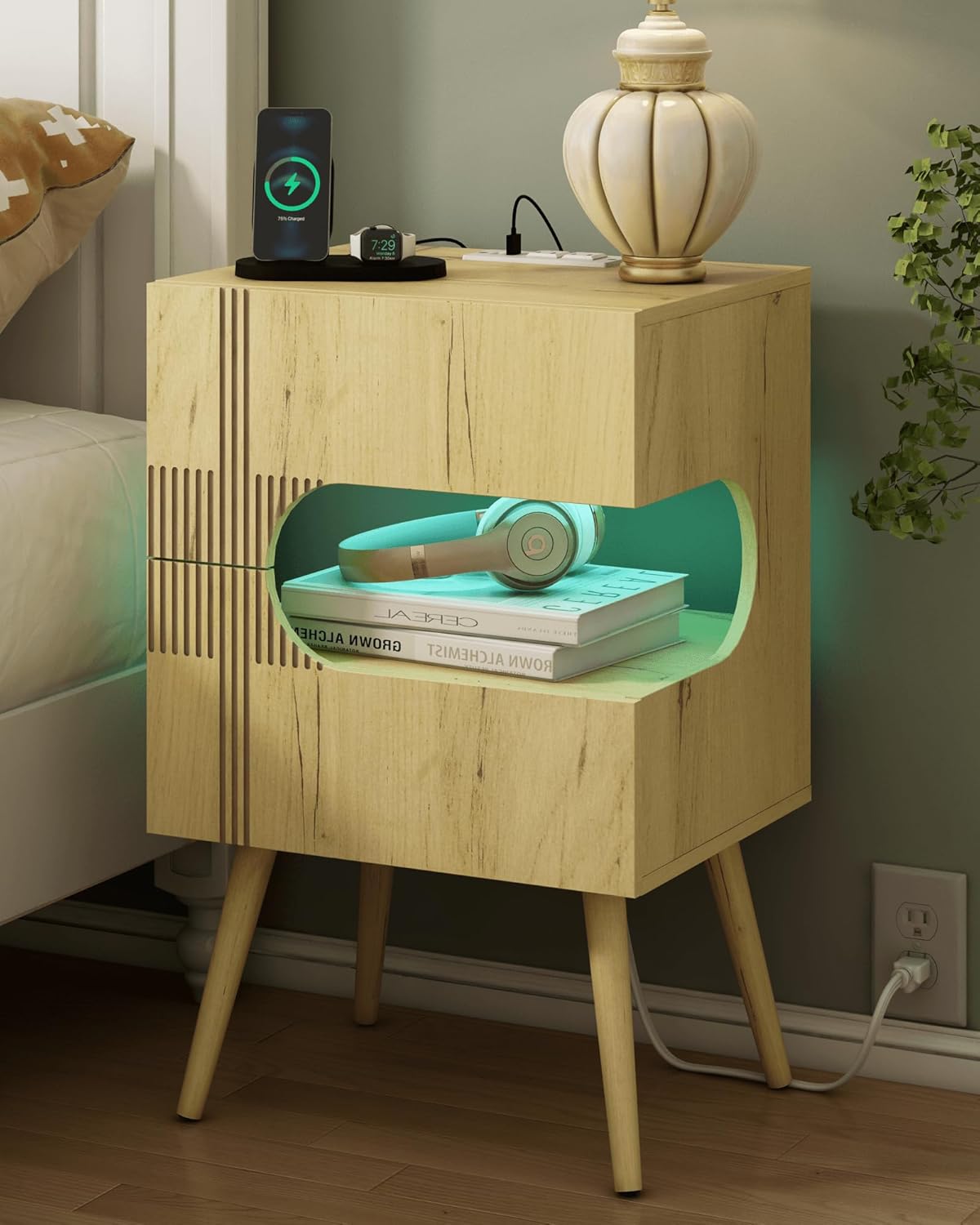 Nightstand with Charging Station and LED Lights,Modern Bedside Table with 2 Storage Drawer,Night Stand with Solid Wood Legs,White (Oak)