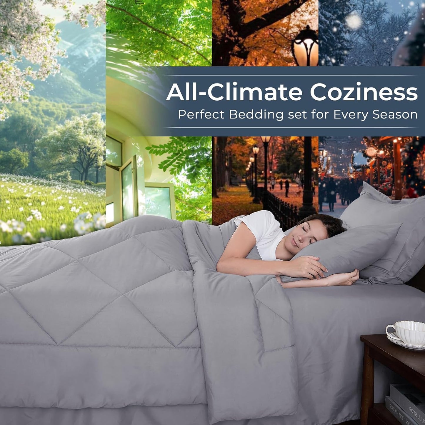 HEVUMYI Light Grey 120x98 Oversized King Comforter Set - 7-Piece All Season Bed in a Bag Oversized King, Ultra Soft Bedding Set with Comforter, Flat Sheet, Fitted Sheet, Pillowcases, Pillow Shams