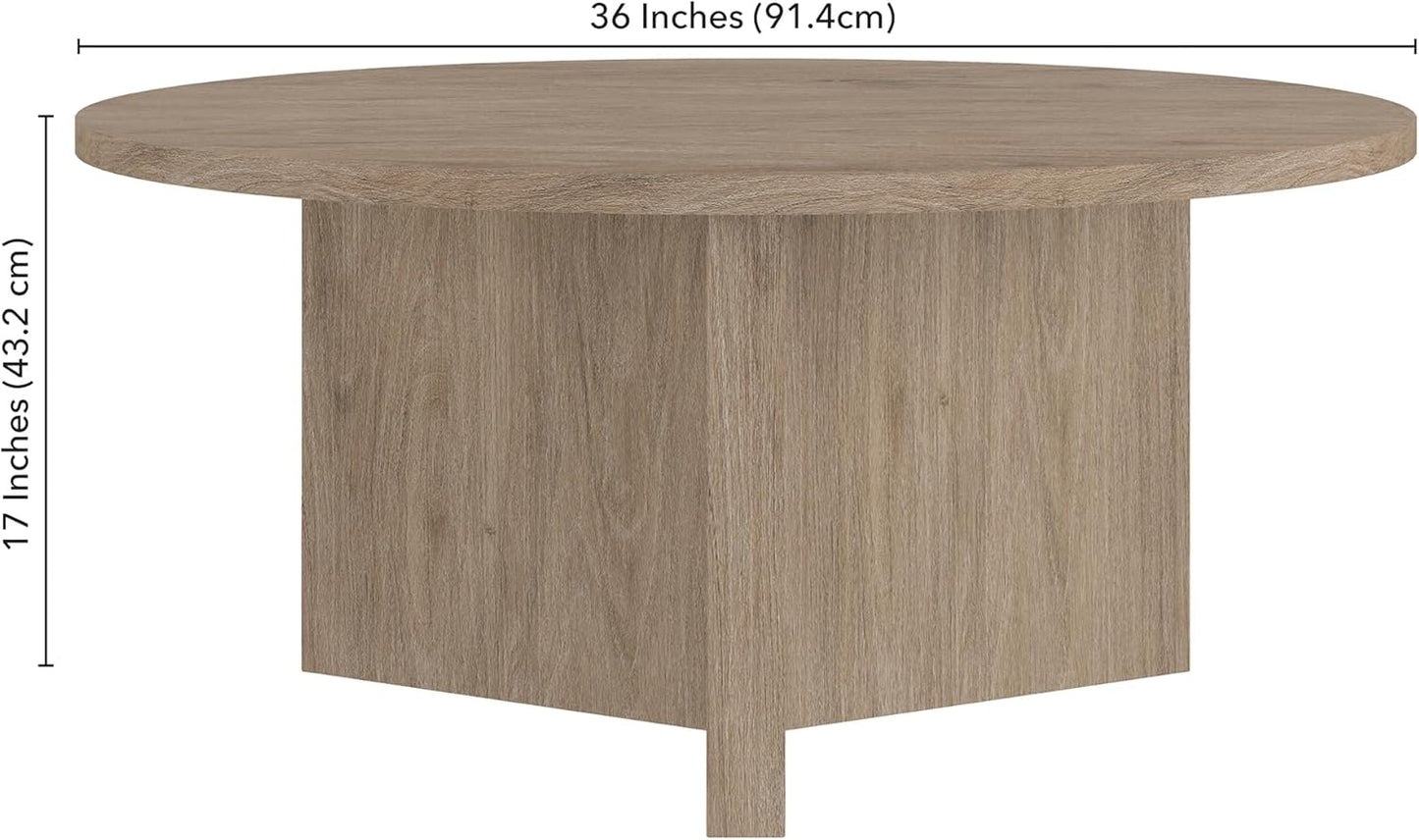 Henn&Hart 36" Round Wood Pedestal Coffee Table for Living Room, Family Room, Office, or Apartment, Antiqued Gray Oak