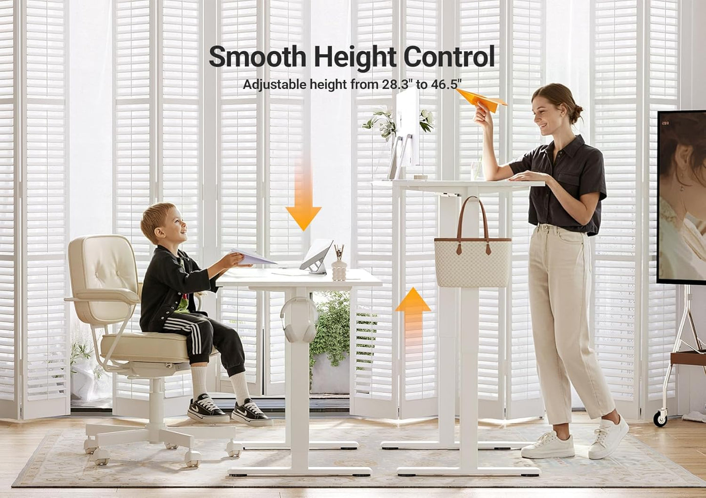 Seang Electric Standing Desk Adjustable Height, 48 x 24 Inch Sit Stand Desk with T-Shaped Frame, 3 Memory Presets & Cable Management for Home Office Computer Workstation, White Frame/White Top