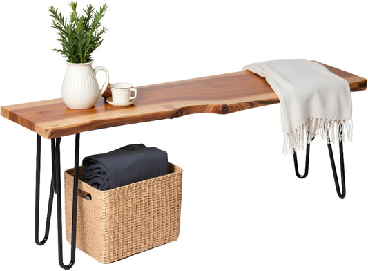Alaterre Furniture 48” Live Edge Dining Bench – Rustic Industrial Farmhouse Solid Acacia Wood with Metal Hairpin Legs – Ideal for Dining Room, Kitchen, or Entryway