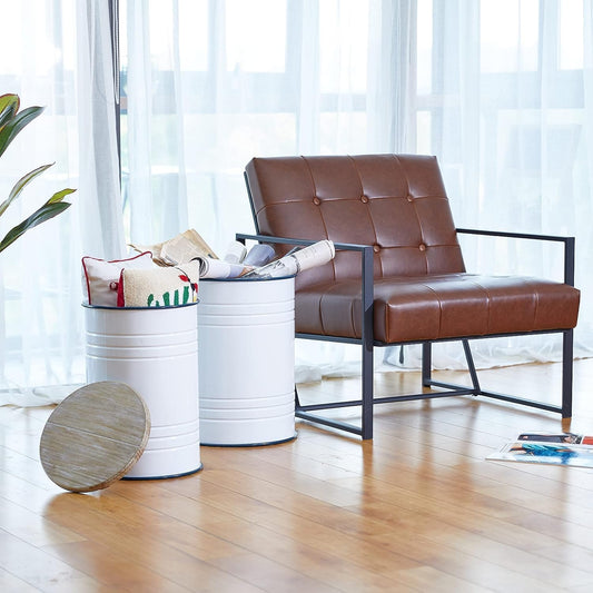 Glitzhome Farmhouse Accent Side Table, Metal Storage Stool Ottoman with Round Lid - Galvanized Coffee Cocktail End Tables Set of 2 for Living Room Bedroom, White