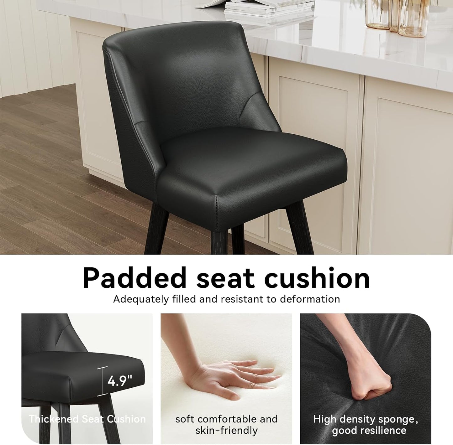 Vipbear Swivel Counter Height Bar Stools Set of 3,26.8" H Counter Stools with Back, Mid Century Modern Bar Stools for Kitchen Island,Faux Leather,Wooden Base, Black