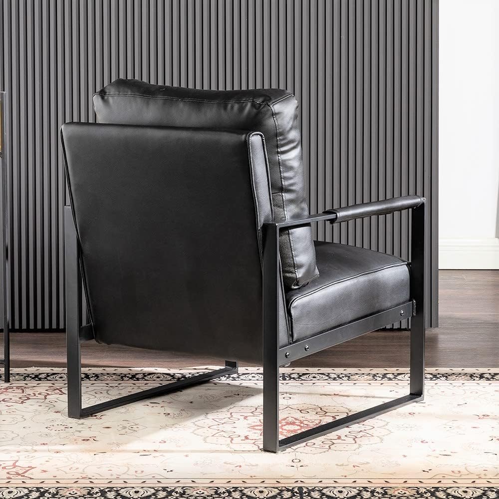Container Furniture Classic Mid Century Modern Accent Chair with Durable Square Metal Frame, Armchair for Living Room, Bedroom, Home Office in Spotted Microfiber Upholstery, Black -PU Leather