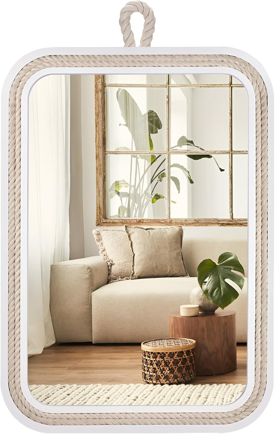 Nautical Rope Mirror Rectangular Hanging Mirrors for Wall 22''Lx16''W White Decorative Mirror Farmhouse Mirror with Rope for Bathroom,Livingroom,Entryway-Beachy Coastal Wall Decor