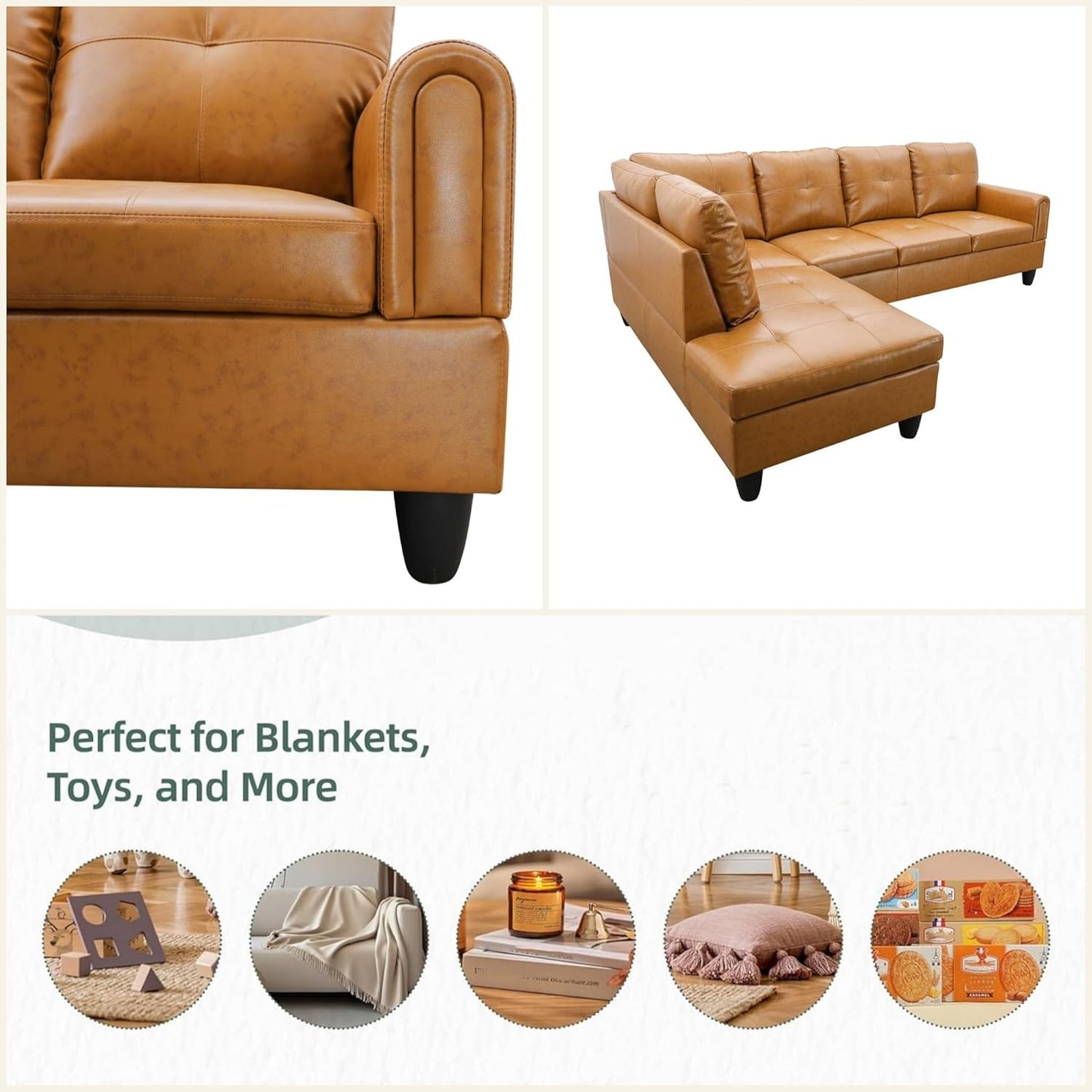 L Shaped Sectional Couches, Leather Couch Modular Sectional Sofa with Ottoman Storage, Modern L Shaped Couch with Chaise for Living Room Bedroom Apartment Furniture, Orange