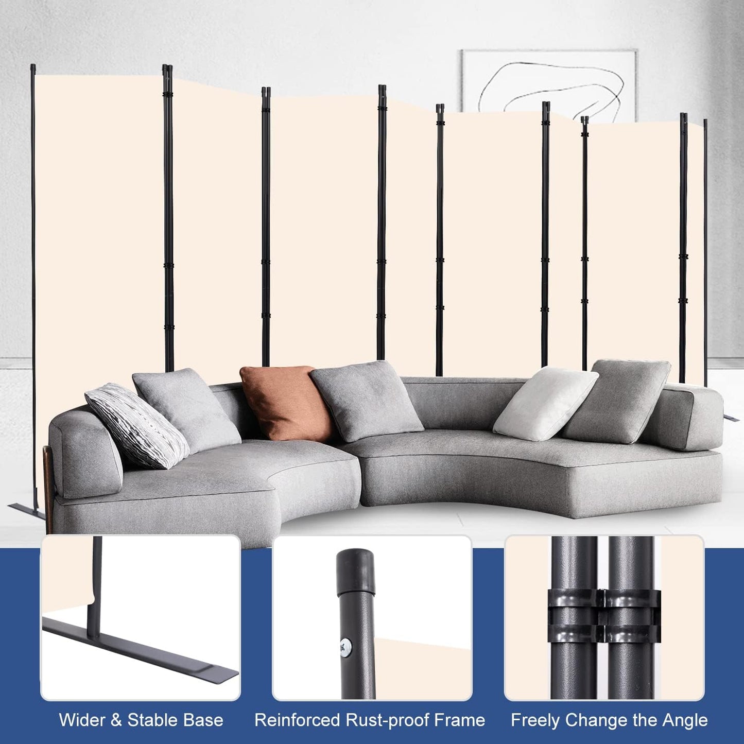 Room Divider and Folding Privacy Screens， Large 8 Panel Room Divider Wall Screen for Room Separtition, Partition Room Dividers Panel, Portable Fabric Wall Divider Room Separator for Office, School