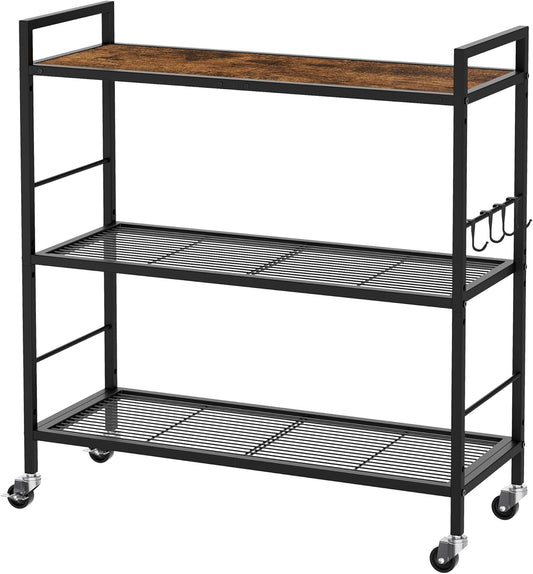 3-Tier Metal Storage Rack with Industrial Wheels,Mesh Shelving Unit with Wooden Table top,Adjustable Shelf,31.5-Inch Width, for Kitchen, Laundry,Pantry,Plant,Black