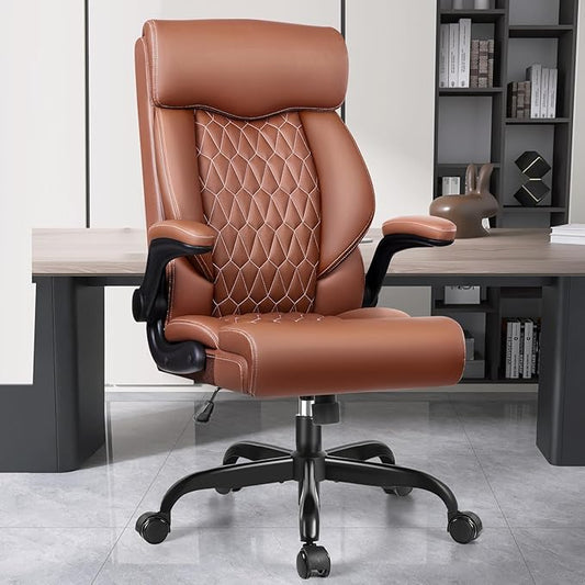 High Back Executive Office Chair - Ergonomic Computer Desk with Rocking Function, Leather Managerial with Adjustable Flip-Up Armrests and Lumbar Support