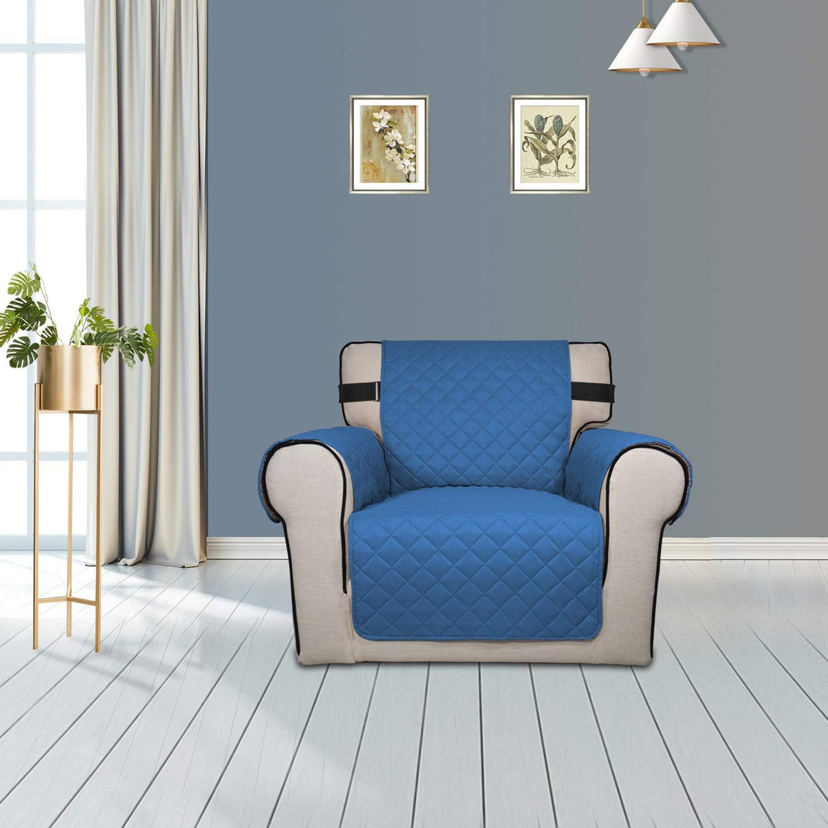 PureFit Reversible Sofa Cover Water Resistant Chair Couch Cover, Machine Washable Furniture Cover with Non-Slip Foam and Adjustable Strap for Dogs, Pets (Chair, Blue/Ivory)