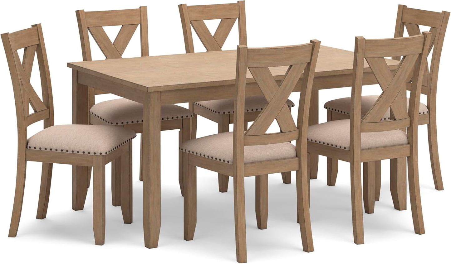 Signature Design by Ashley Sanbriar Casual Dining Table and Upholstered Chairs with Nailhead Trim, Set of 7, Light Brown & Beige
